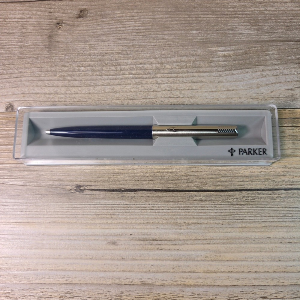 Parker Jotter Ballpoint Pen Navy Blue Silver Retractable Click Office Gift Case
